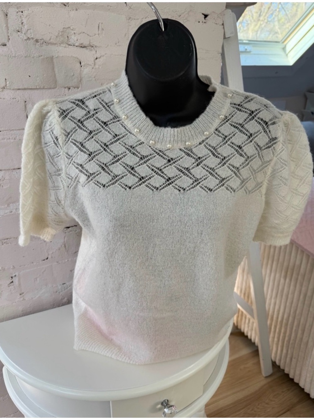 Fracomina Cream Mohair Blend Pearl Embellished Puff Sleeve Open Knit Sweater Top